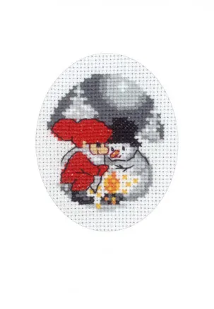 Permin Stickset Weihnachtskarte Schneemann und Weihnachtsmann 9x13cm