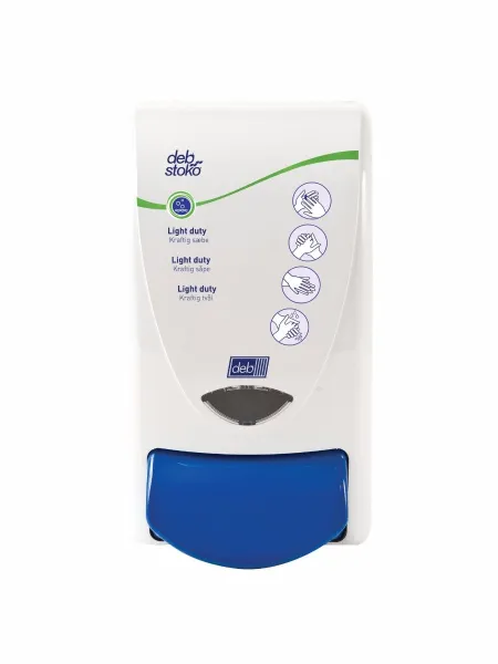 Deb Stoko Cleanse Light Spender für Cremeseife mit Reinigungseffekt, weißer Kunststoff mit blauem Druckknopf, 1 L