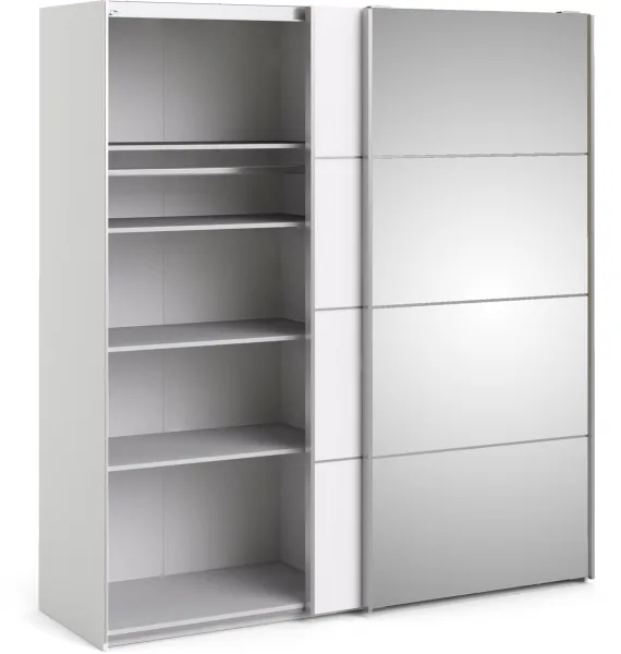 TVILUM Verona Schiebetürenschrank - weißes Holz und Spiegelglas, 2 Schiebetüren mit Regalen